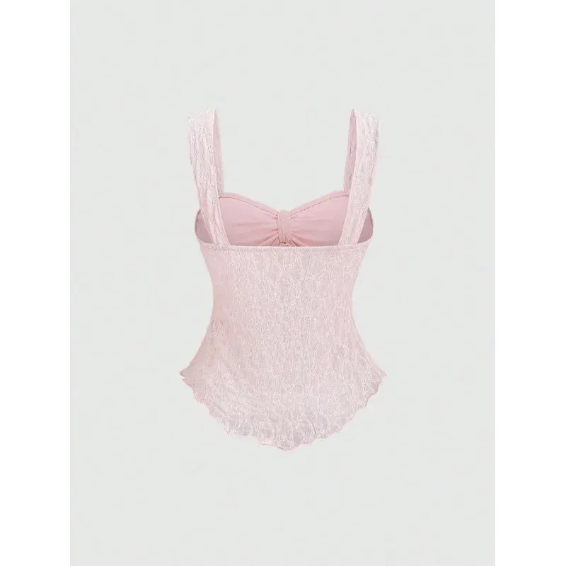 ภาษาฝรั่งเศสคำนุ่ม PURE ความงามผู้หญิง Cropped camisole ลูกไม้ผ้า jacquard เครื่องประดับโบว์เอว cinched อเนกประสงค์แขนกุด Inn
