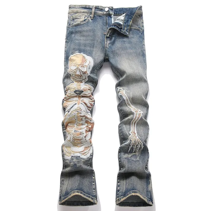 Herren-Jeans mit Totenkopf-Boot-Cut-Denim, Vintage-Stil, Blue Devil-Stickerei, Stretchhose, schmale Schlaghose