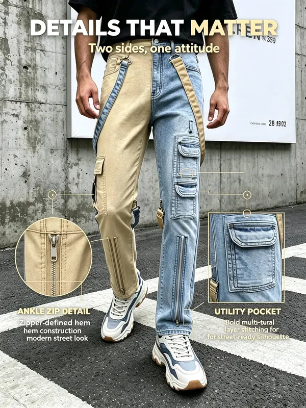 Y2K-Jeans für Herren, Techwear, Retro-Cargohose, ausgestellte Bootcut-Jeans, Kontrastfarbe, Spleißriemen, Streetwear-Denim-Hose — image 5