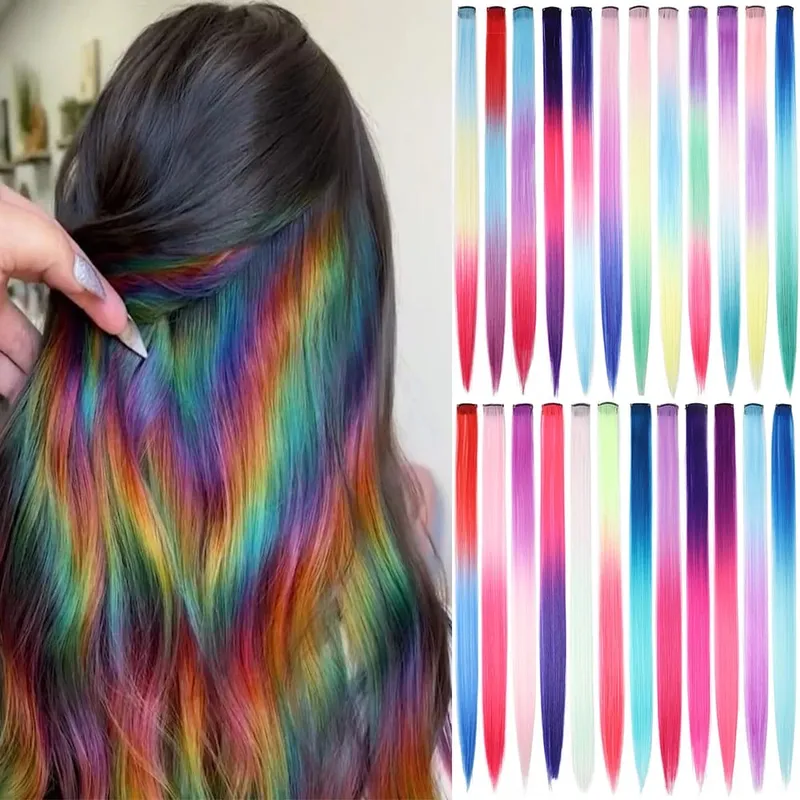 20 inci patchwork 3 warna sintetik klip tunggal warna pelangi sambungan rambut sambungan rambut 24 warna untuk kanak-kanak perempuan hadiah percutian — image 2