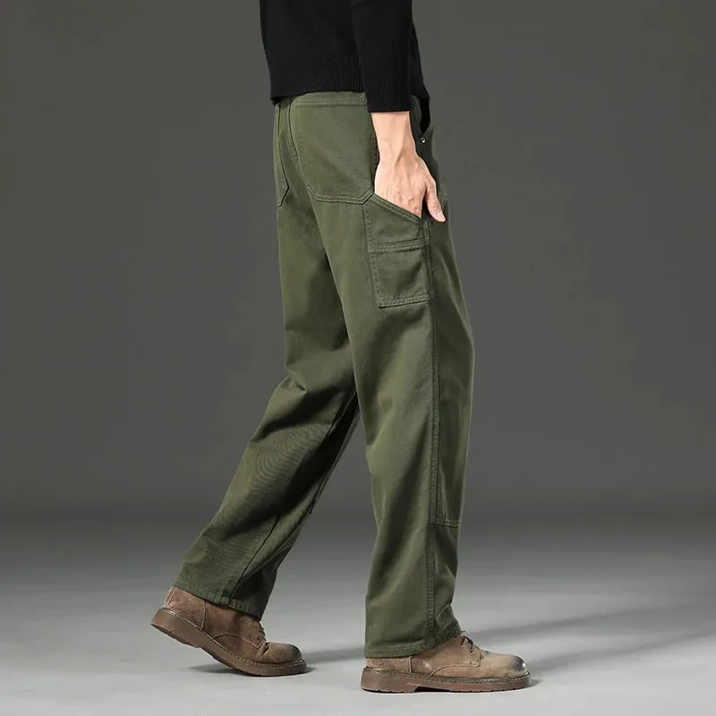 Haute qualité printemps nouveau Style droit ample hommes pantalons décontractés Rivet épissage Style Safari coton pantalon armée vert jean — image 3