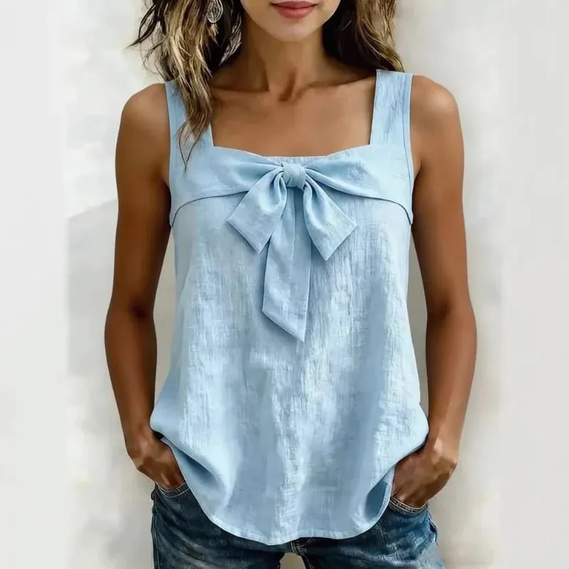 Canotta da donna senza maniche con scollo quadrato, decorazione con fiocco sul davanti, canotta da donna estiva casual in tinta unita — image 4