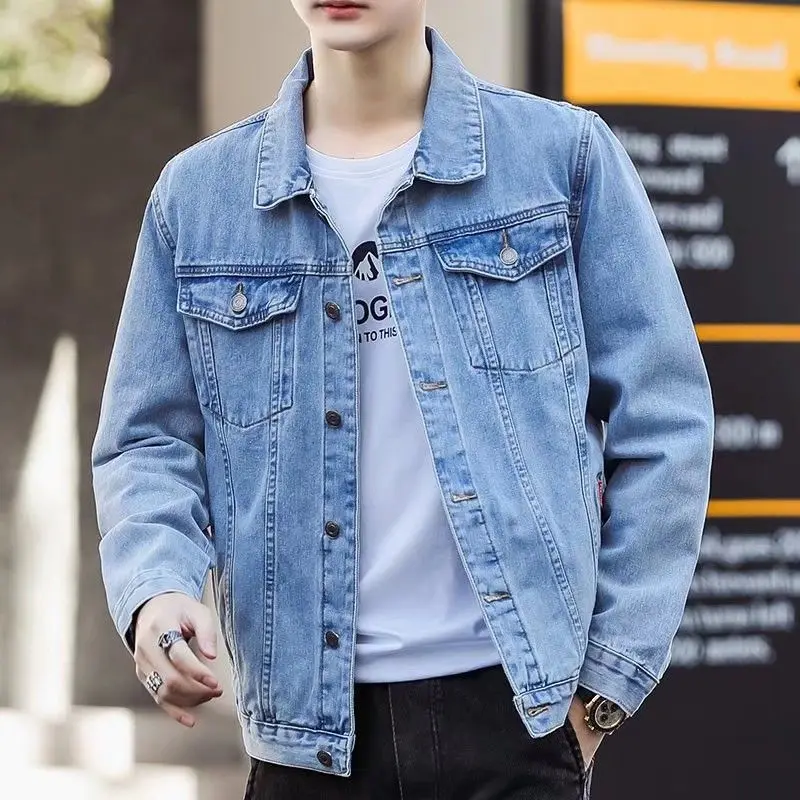 Spring Autumn Men Denim Jackets Casual Solid Color Lapel Single Breasted Jeans Jacket Men Slim Fit Cotton Outwear Jackets — image 3