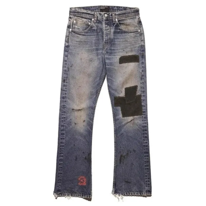 Męskie jeansy rozkloszowane Harajuku Vintage sprane spodnie dżinsowe w trudnej sytuacji patchworkowy sztruks Slim Fit casualowe w stylu Streetwear unisex nowa wiosna — image 3