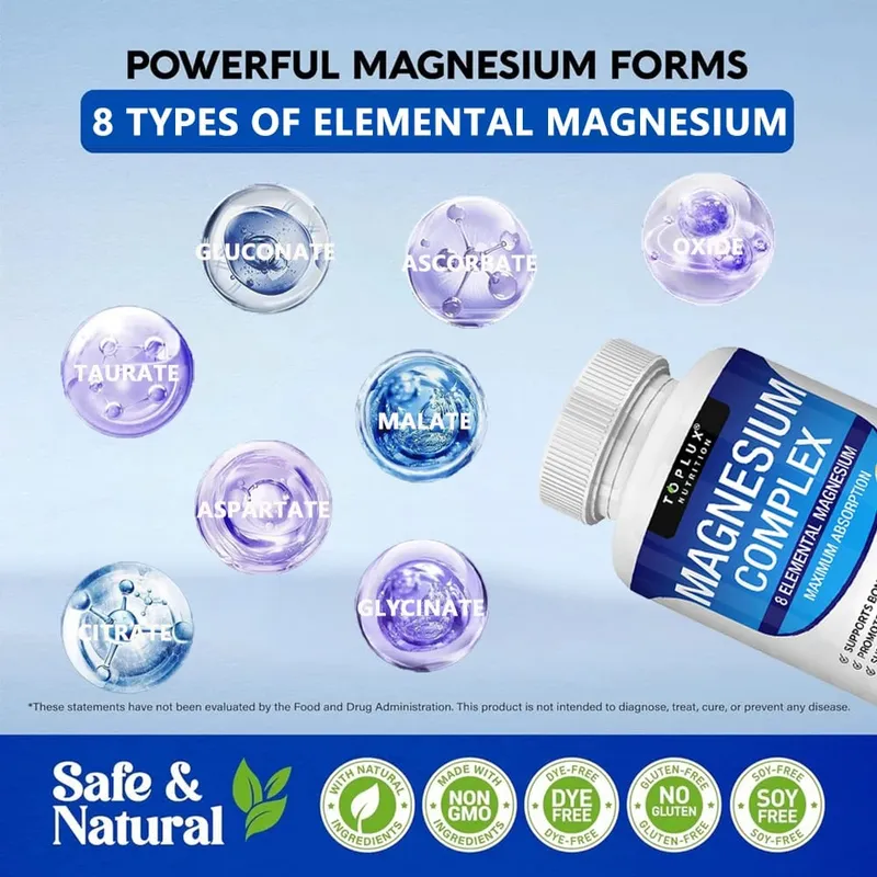Magnesiumcomplex 1000 mg 8-elementair magnesiumsupplement met glycinaatcitraatoxide aspartaat orotaatmalaat tauraat High Abs