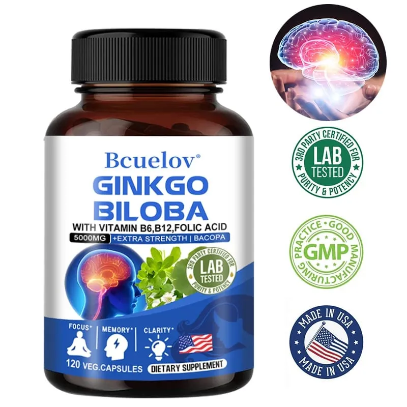 Ginkgo Biloba 5000 mg Extra Fuerte - Apoya la función cerebral y el enfoque de la memoria Alivio del estrés 120 cápsulas vegetales — image 1
