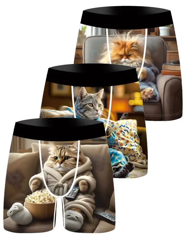 3Pcs Männer Boxer Briefs Nette Faule Katze 3D Druck Unterwäsche Weiche Stretch Männliche Unterhose Lustige Neuheit Geschenk Boxershorts