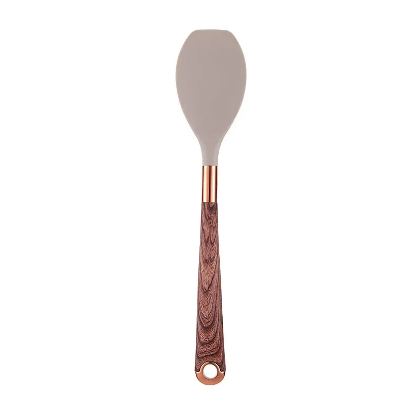 Set Perkakas Dapur Silikon 10 Keping Perkakas Memasak dengan Pemegang Perkakas Pemegang Corak Kayu Alat Memasak Nonstick JT264 — image 15