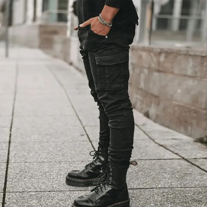 Jean élastique de rue pour hommes, pantalon Cargo en Denim, couleur unie, multi-poches, décontracté, taille moyenne, coupe cintrée, tenue quotidienne, jogging — image 6