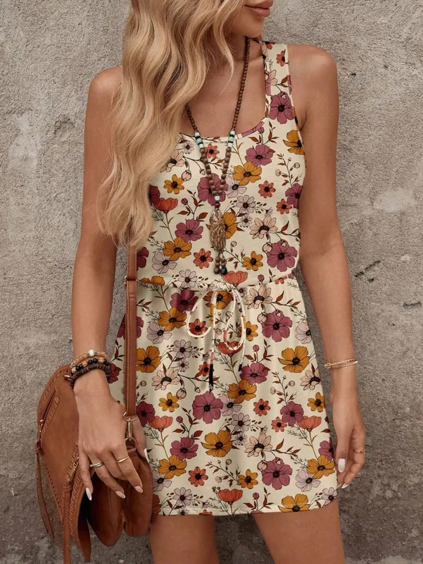 Abito senza maniche con coulisse in vita elastica con stampa floreale primavera/estate da donna — image 4