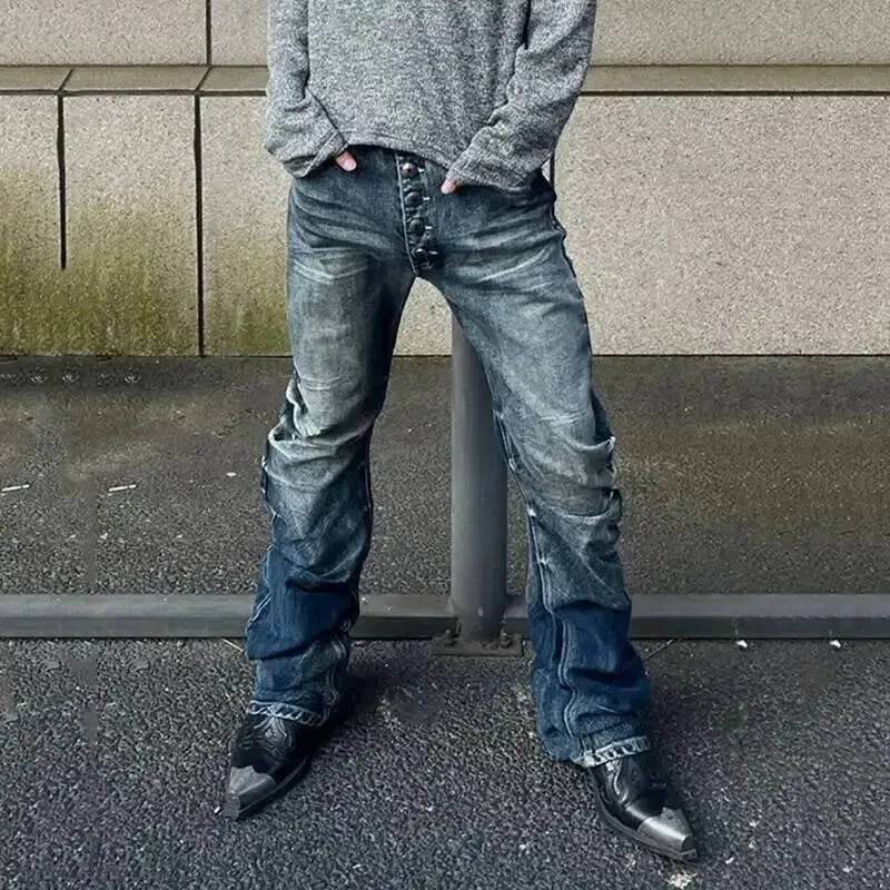 Amerikanische männer Denim Hosen Waschen Taste Design Plissee Lose Jeans Kontrast Farbe Casual Männlichen Unten Vintage 4K5156