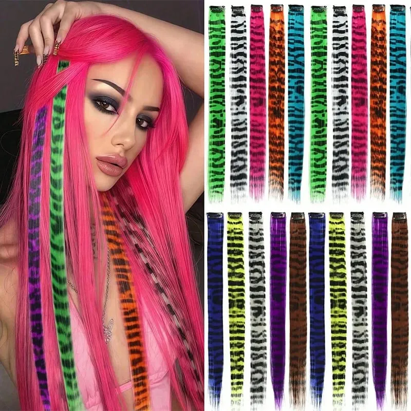 3 pezzi estensioni dei capelli con stampa leopardata striscia sintetica pezzo di capelli stampato clip lunga e dritta colorata nei capelli per le donne ragazze festa — image 6