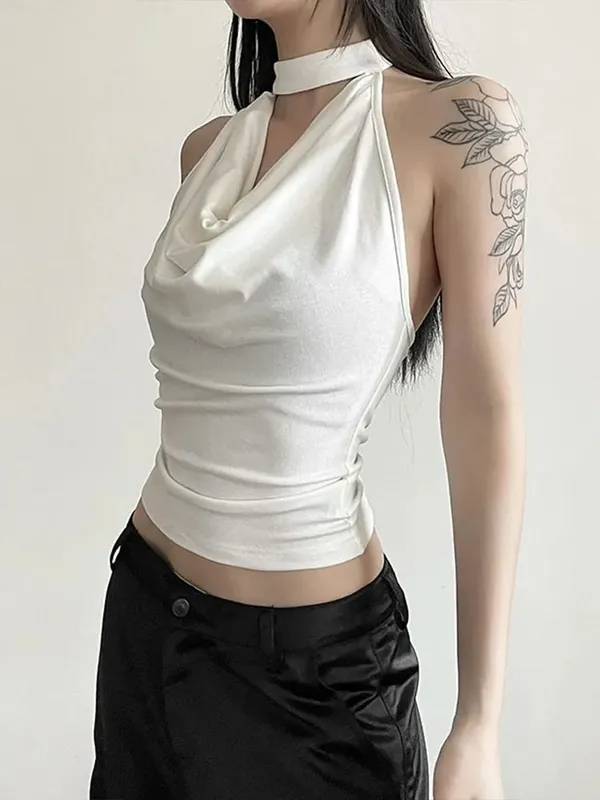 สีทึบสบายๆ All-Match Cool มั่นใจเซ็กซี่สวย High Street ฤดูร้อนผู้หญิงบาง Halter Vest — image 5