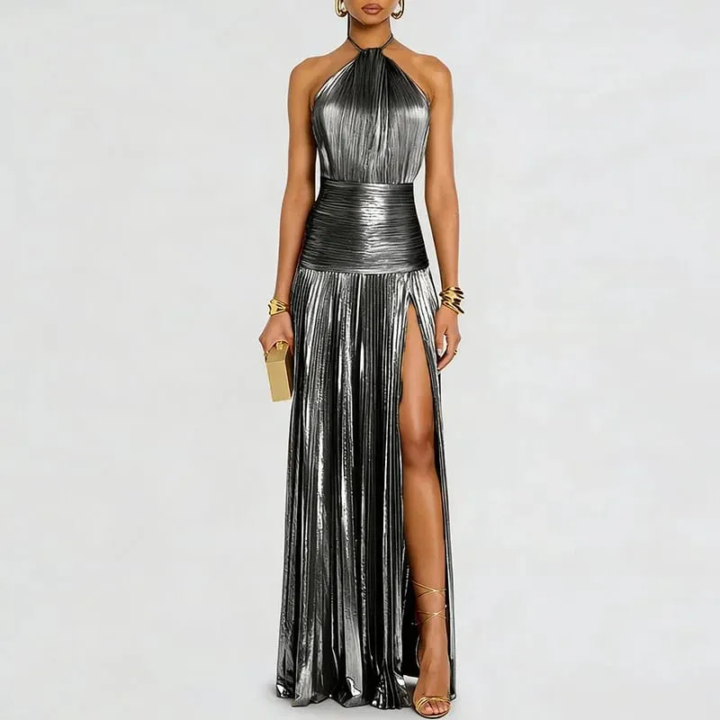 Gold Sexy Halter High Split Gowns Evening Dress Woman Chic Solid Hollow Pleated Long Dress Spring Summer Backless Zip Maxi Dress — image 10