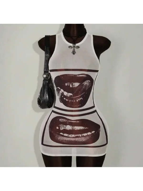2026 New y2k Summer Lips Printed Sleeveless Bag Hip Round Neck Sleeveless Dress Punk Street Trend Fashion Personality Spicy Girl — image 3