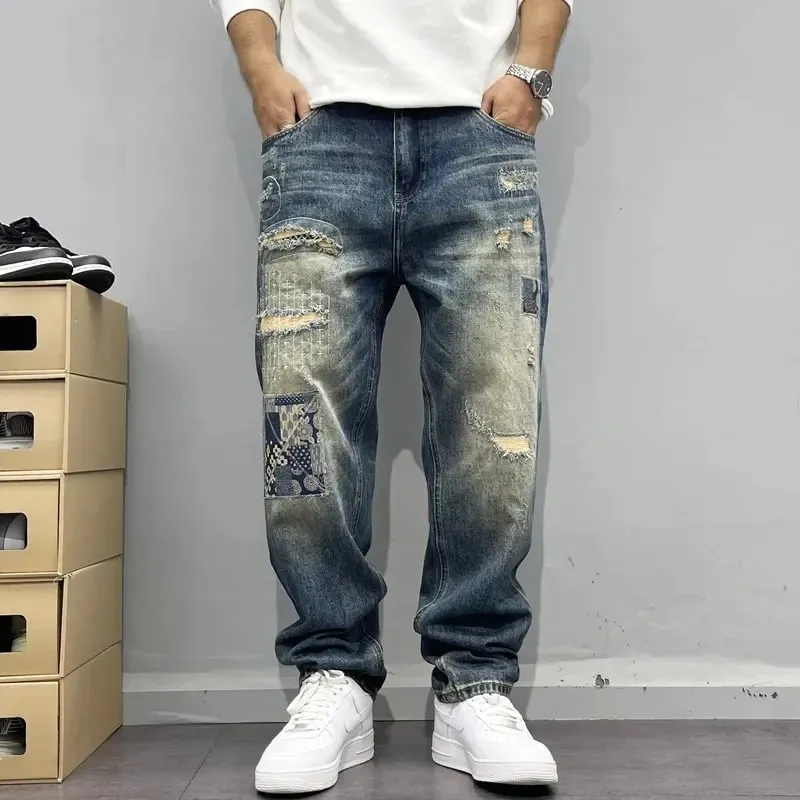 Baggy Jeans Vintage Distressed Patchwork Jeans Herren Gerade Lose High Street Hip-Hop Lange Hosen Herrenbekleidung Jeans für Männer