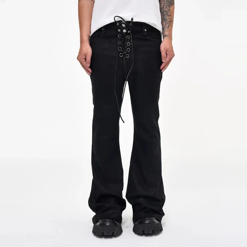 Vintage powłoka batikowa czarne dżinsy typu slim fit rozkloszowane elastyczność rozciągliwa wstążka Y2k Streetwear Casual obcisłe dżinsy z dzwonkiem — image 2