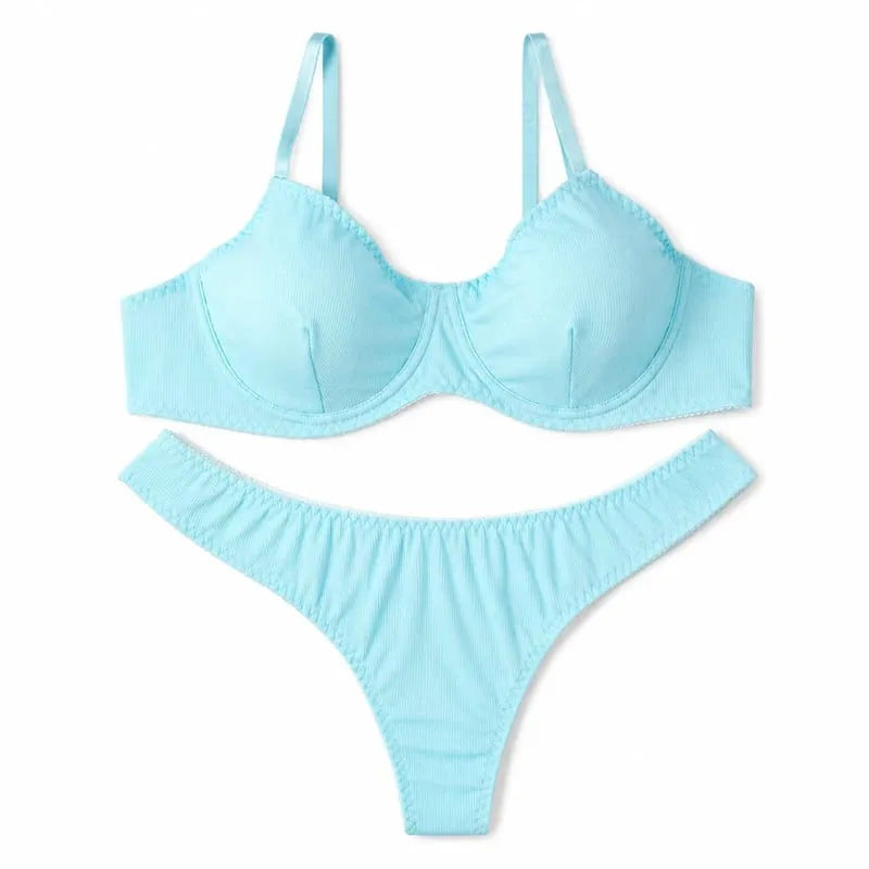Set di biancheria intima da donna a costine tinta unita con ferretto e coppa sottile abbinato a perizoma a vita bassa morbido intimo quotidiano — image 2