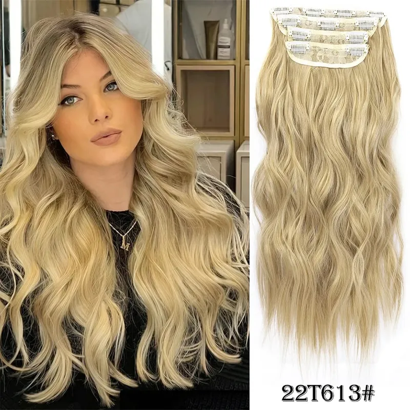 Leeons gewellte Clip-in-Haarverlängerungen, 4 Stück, natürliche, weiche, lange, gewellte Haarteile, dicke Doppelschuss-Clip-in-Haarverlängerungen für Frauen — image 10