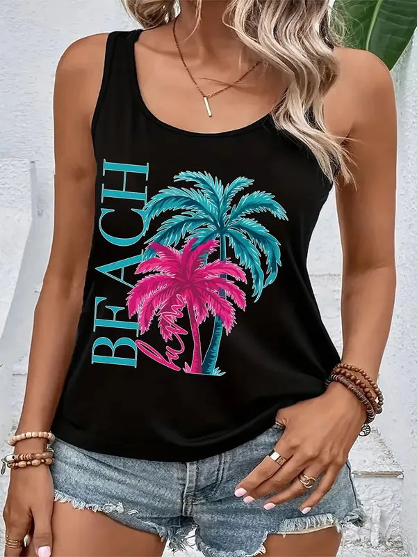 Top estivi da donna con stampe di alberi di cocco Top senza maniche. Abbigliamento da spiaggia comodo e casual per uno stile da vacanza.