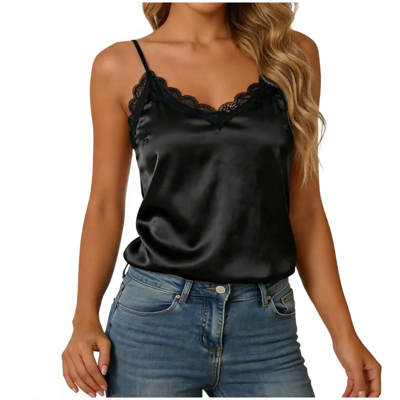 Musim Panas Wanita Satin Tank Tops Lace Trim Patchwork Sutera Selesa Tanpa Lengan Camis Elegan V-Neck Tanpa Belakang Solid Seksi Tops — image 9