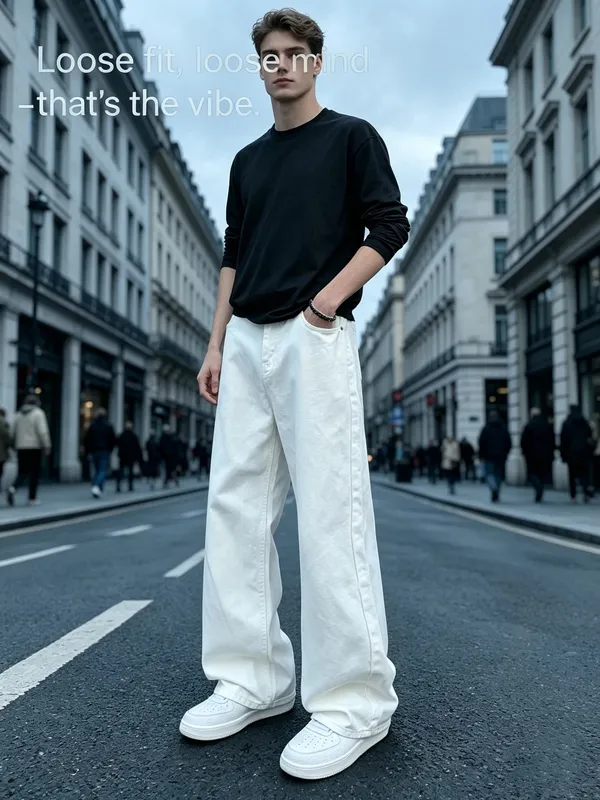 Baggy-Jeans für Herren, Retro-Stil, einfarbig, weiß, locker, weites Bein, Denim-Hose, Herren, lässig, täglich, Streetwear, gewaschene Herren-Jeanshose — image 9