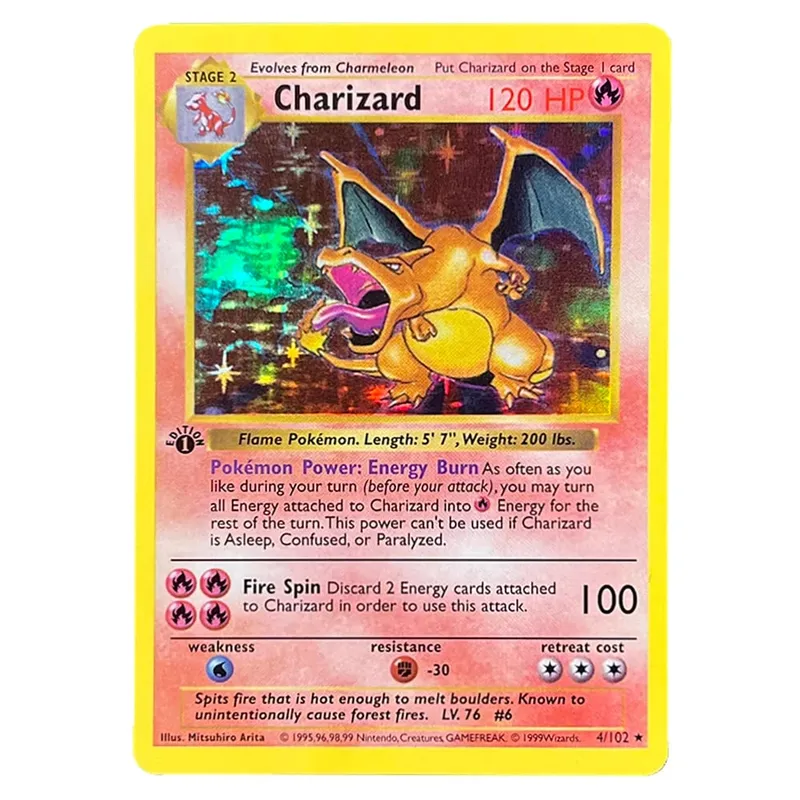 Carte foil PKM Charizard Blastoise Venusaur Alakazam Mewtwo Zapdos Raichu 1996 1a edizione Game Collection Carte proxy PTCG — image 6