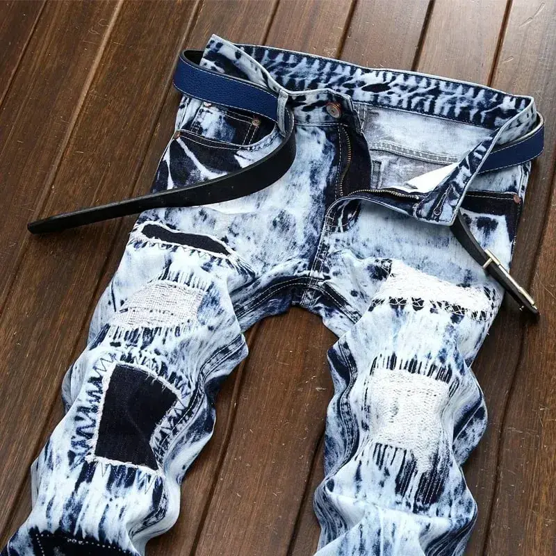 Jean déchiré en Patchwork brodé pour hommes (sans ceinture), pantalon en Denim pour moto, Slim, à la mode, vêtements de styliste pour hommes — image 4