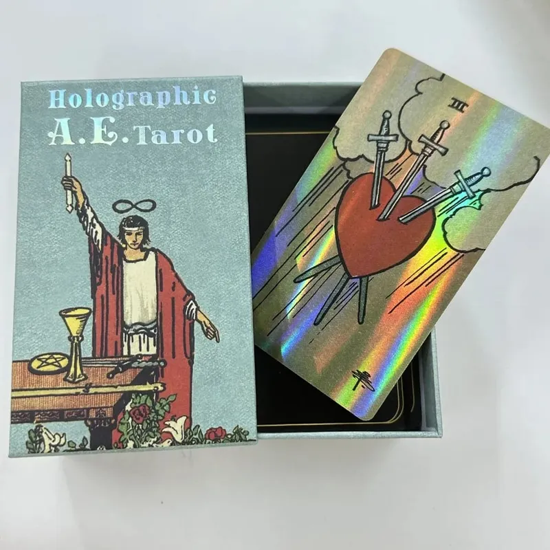 12*7cm holografická tarotová paluba A.E. v posuvné pevné dárkové krabičce 78 ks tarotových karet s průvodcem a kapsičkou na šňůrku — image 2