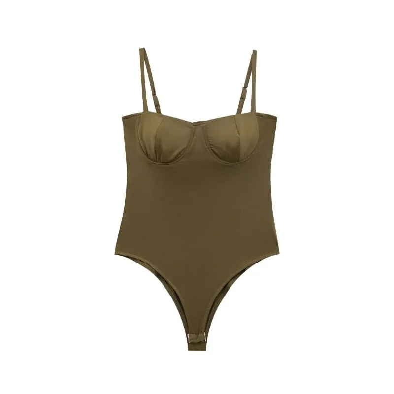 2026 Sexy Underwire Spaghetti Strap Bodysuit for Women – Spring Summer Slimming Bodycon Daily Outfit with Flare Jeans — image 6