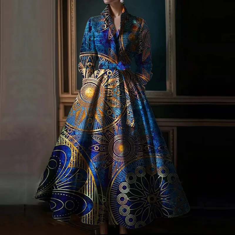 Elegant Floral Printing Maxi Dresses Multicolor Turndown Collar Long Sleeve Cotton Long Dress Party Wedding Evening Dress 2024 — image 8