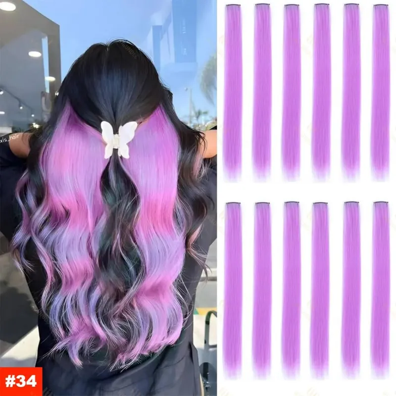 2026 สี Highlight Hair Extensions 22 นิ้วสายรุ้งสังเคราะห์ยาวตรง Hairpieces สีม่วงสีชมพูสีฟ้าสำหรับหญิงสาวเด็ก — image 22