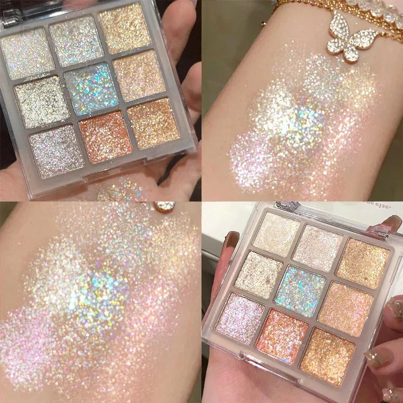 Palette di ombretti glitter 9 colori Palette di ombretti perlati color terra Ombretto luccicante Evidenzia paillettes scintillanti Trucco occhi argentati dorati