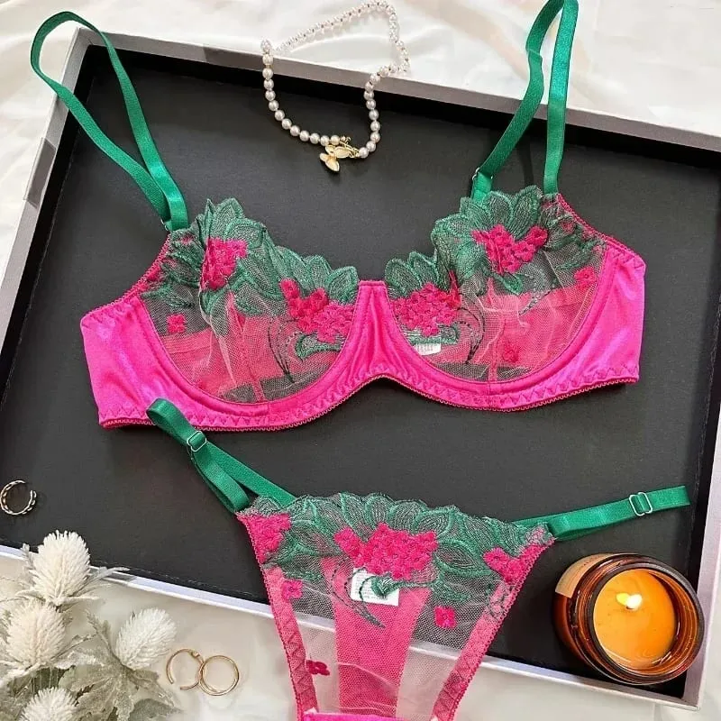 2-teiliges schwarzes, bequemes, leichtes, halbtransparentes Dessous-Set für Damen. Fancy Lingerie BH-Set mit floraler Spitze, Luxus-Unterwäsche — image 6