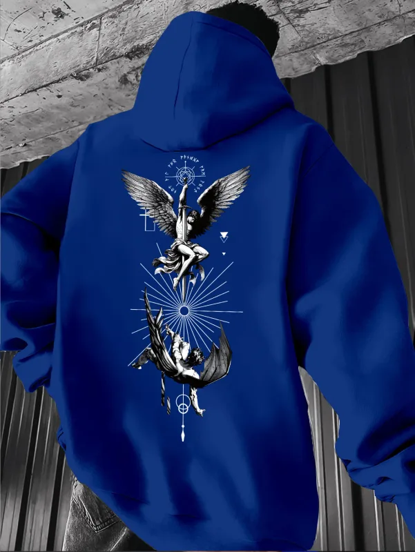 Felpa con cappuccio da uomo con stampa gotica di angeli e tarocchi - Macchina più lunga/stratificazione autunnale (design dei tarocchi vestibilità regolare) - Ideale per eventi a tema e abbigliamento casual con motivi di angeli e tarocchi, comodo tessuto in maglia e versatile stile streetwear — image 3