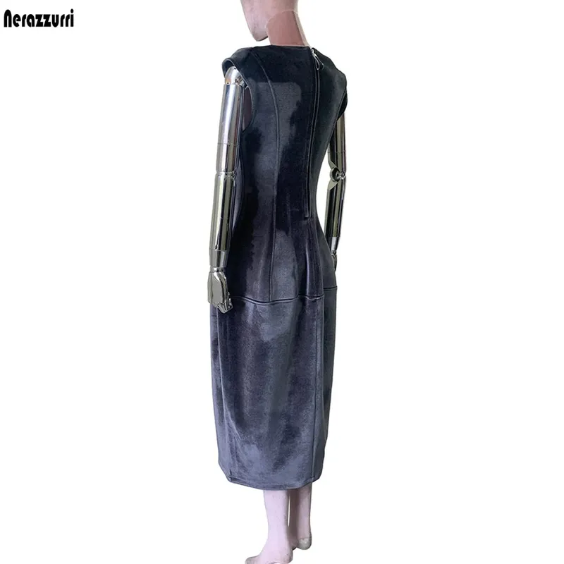 Nerazzurri Summer Autumn Long Luxury Elegant Luxury Fitted Dark Gray Sleeveless Soft Velvet Modest Dresses for Woman High Waist — image 6