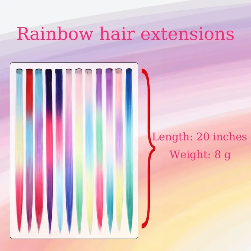 20 inci patchwork 3 warna sintetik klip tunggal warna pelangi sambungan rambut sambungan rambut 24 warna untuk kanak-kanak perempuan hadiah percutian — image 4