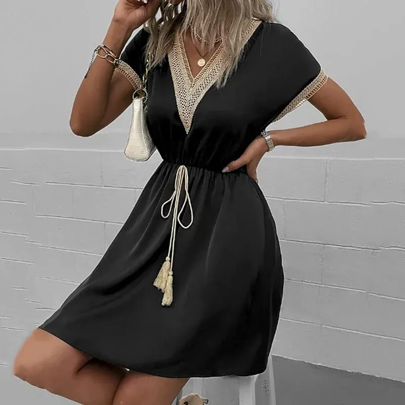 Summer Solid Short Sleeve Lace V Neck Waistband Female Beach Midi Short Dress Elegant Women's Sweet White Solid Color Dresses — image 3