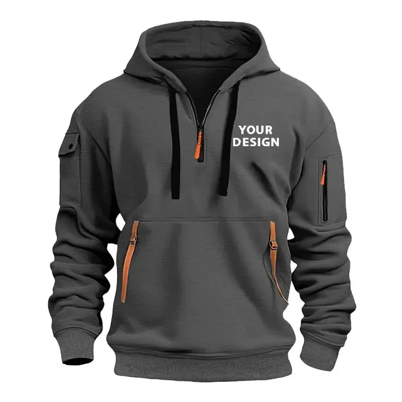 Sudadera informal holgada con bolsillo en el brazo y cremallera deportiva para hombre, nuevo europeo, personaliza tu logotipo, chaqueta con capucha y hombros caídos — image 6