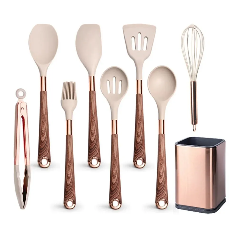 Silikone køkkenredskaber sæt non-stick non-stick varmebestandig spatel ske rose guld håndtag med spand Køkken gave — image 12