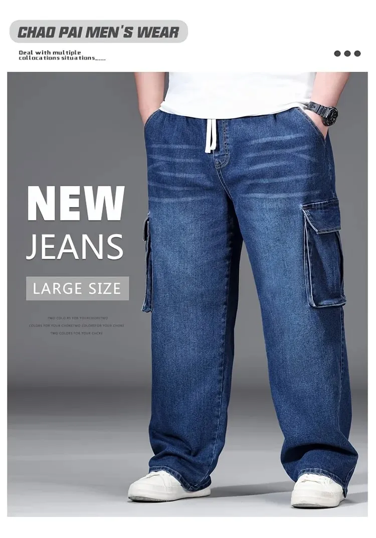 2026 nya män oversized jeans hög midja elastisk dragsko Stretch Baggy jeansbyxor Casual Mångsidiga byxor i plusstorlek