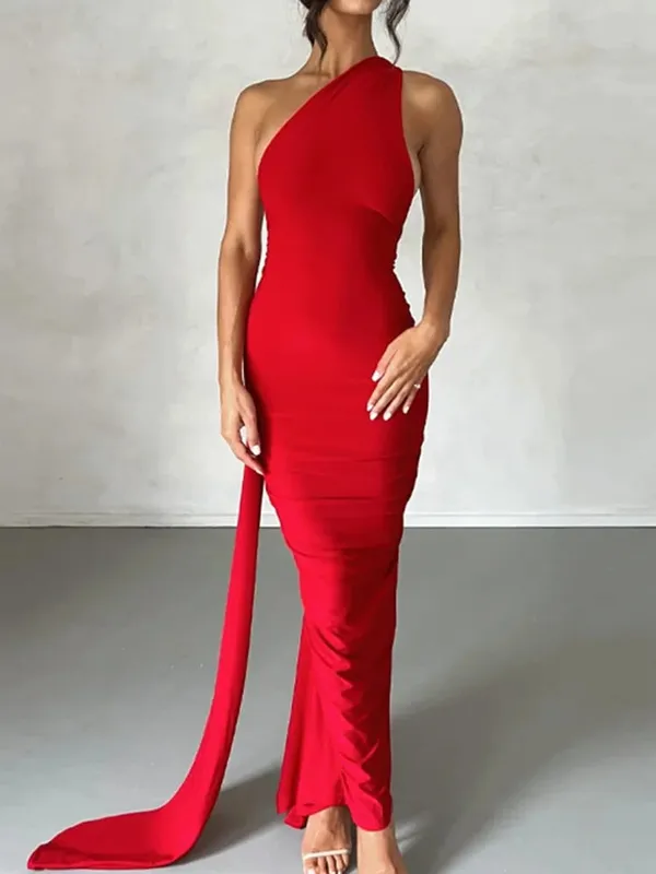 Pakaian Neon Y2K Satu Bahu Tanpa Lengan Tanpa Belakang Tanpa Belakang Ruched Bodycon Gaun Maxi untuk Pesta Hari Lahir Kelab Wanita Prom Petang — image 10