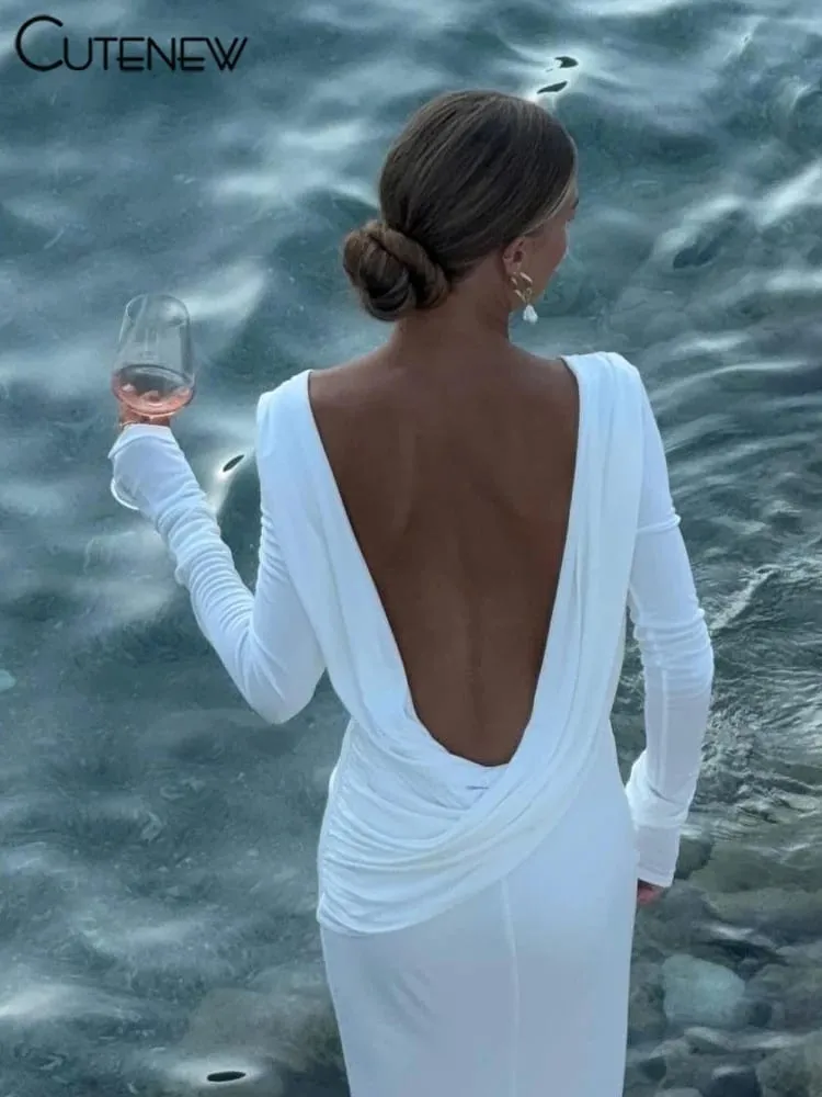 Cutew High Street Wanita Maxi Dresses Klasik Solid Backless Sarung Lengan Penuh Jubah Ringkas Wanita Elegan Jamuan Vestidos — image 3