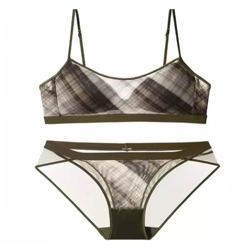 Dámské americké retro kostkované intimky set tenká push up podprsenka proti ochabování podpaží podpora tuku pohodlí každodenní nošení — image 5
