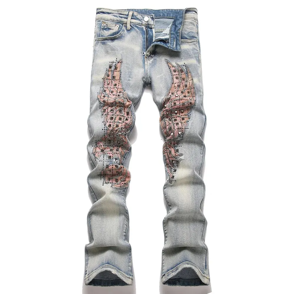 Jeans da uomo con toppa ad ala, taglio a stivale, rivetti, pantaloni svasati slim in cristallo, ricami, pantaloni in denim blu vintage