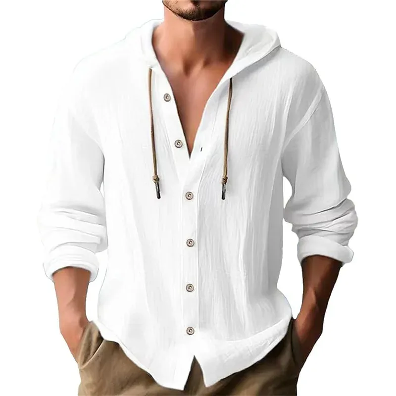 Men's Solid Color Casual Shirt Hooded Drawstring Cotton and Linen Cardigan Trendy and Versatile Loose Beach T-Shirt — image 4