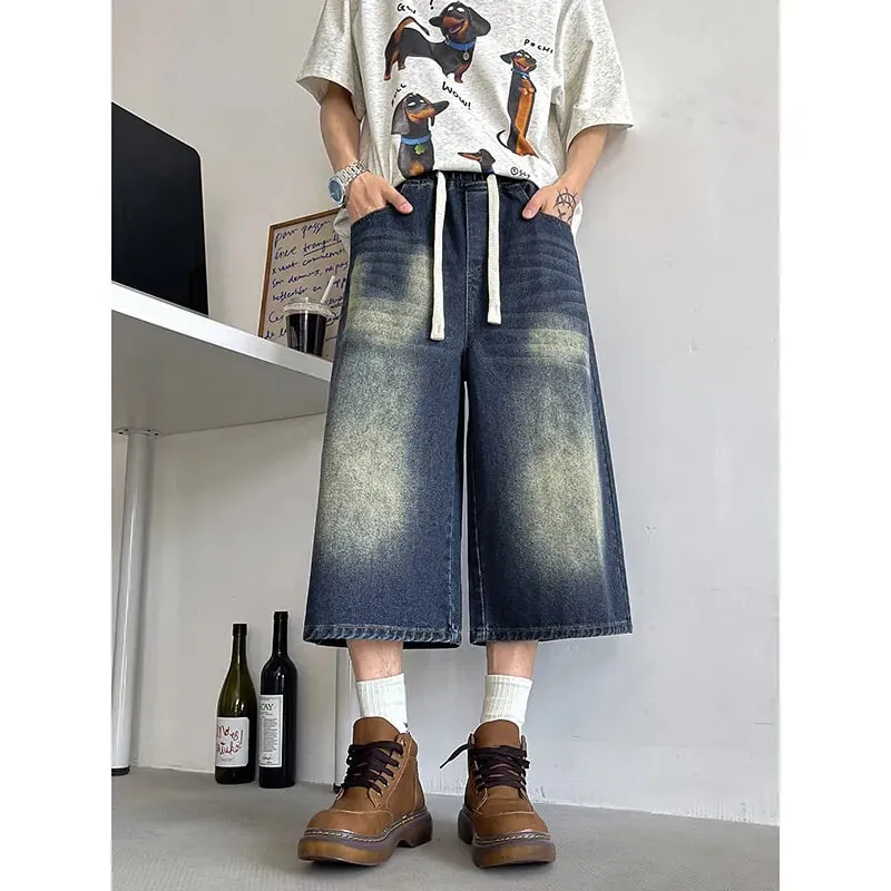 Loose Fit Cropped Jeans Elastic Drawstring Waist Stretch Denim Casual Wear Comfort Men Baggy Denim Pants Man 2023 Fashion Trendy — image 4