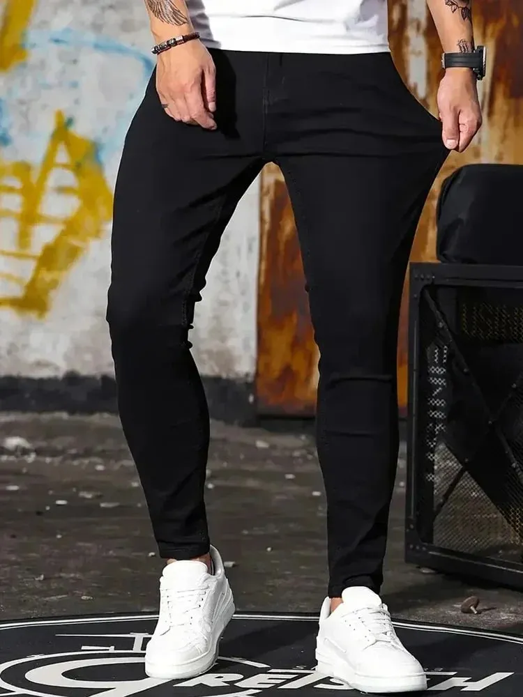 กางเกงยีนส์ผู้ชายยืดกางเกงยีนส์กางเกงสีทึบสีดำสีฟ้าฤดูใบไม้ผลิ Luxury Street Harajuku Hip-Hop สไตล์ SLIM FIT กางเกงยี่ห้อ