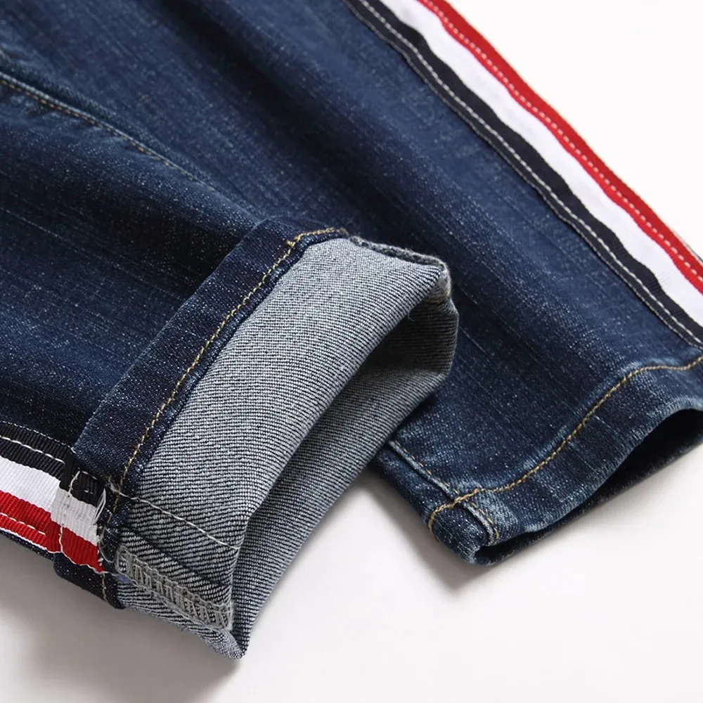 Jean en Denim à rayures latérales pour hommes, pantalon en Denim lavé extensible bleu, pantalon droit Slim — image 5