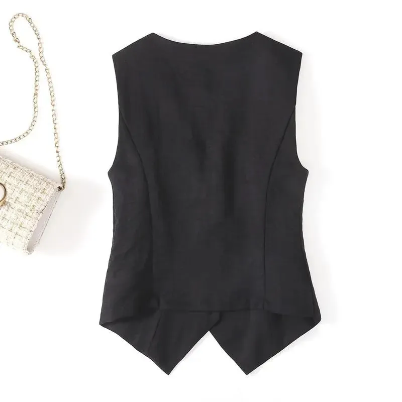 Gilet estivo in lino tinta unita, gilet da donna sottile, vestibilità slim, abito corto senza maniche, gilet con scollo a V — image 6